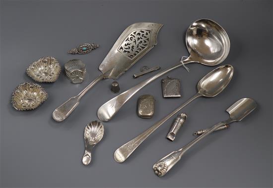 A George III bight cut engraved silver basting spoon, London, 1783 and other silver and plated items.